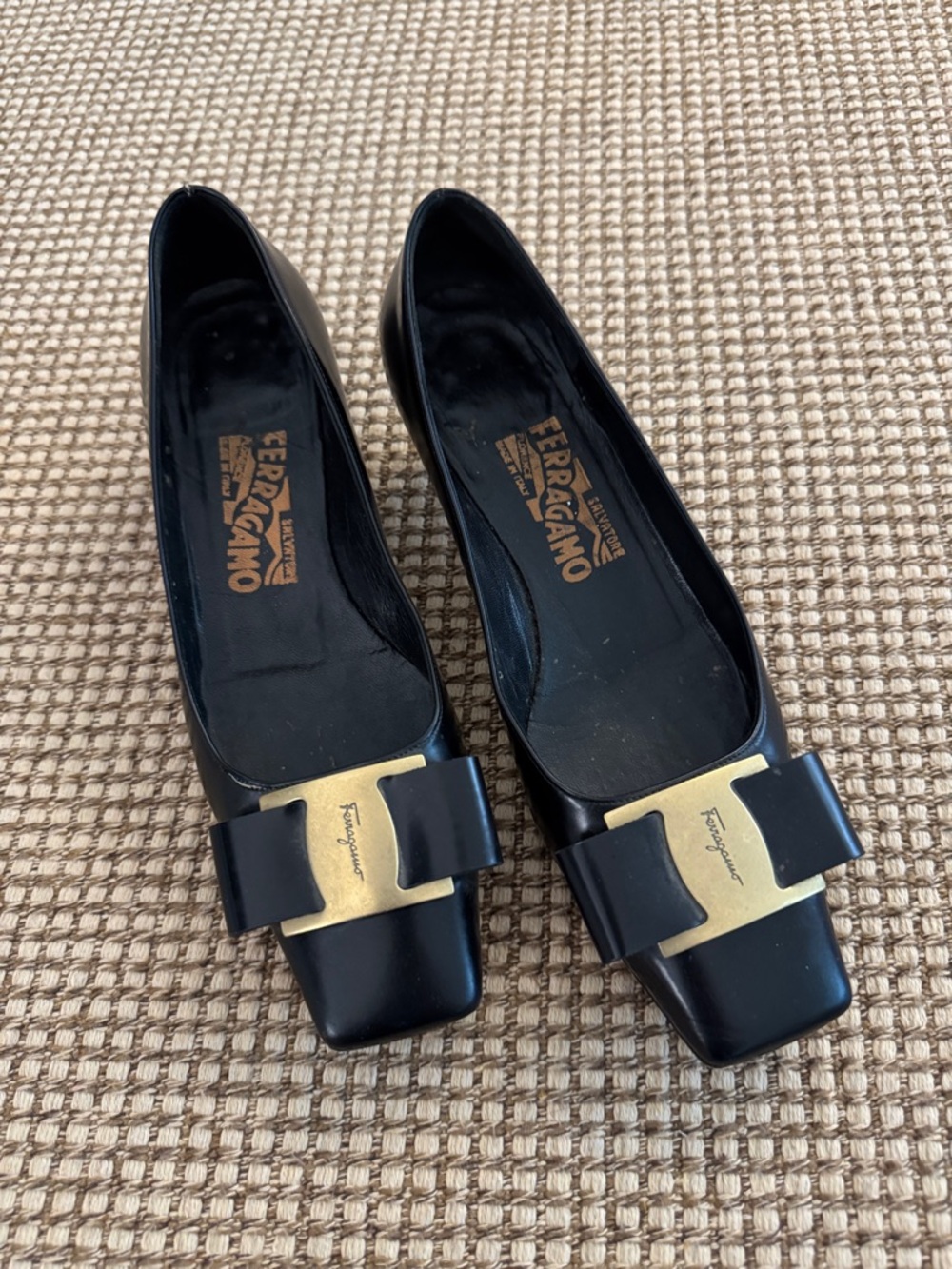 Authentic Salvatore Ferragamo Black Leather Bow  with Gold Hardware